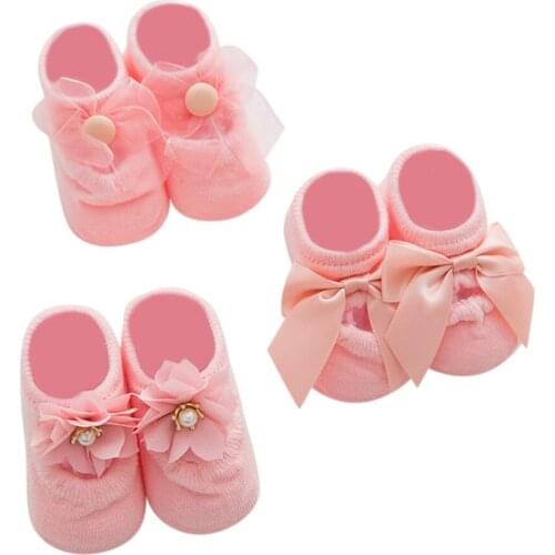 Hylidge 3 Pairs/lot Lace Bow Baby Girls Socks Soft Cotton Flower Princess Short Socks for Infant Toddler Anti-slip Floor Socks