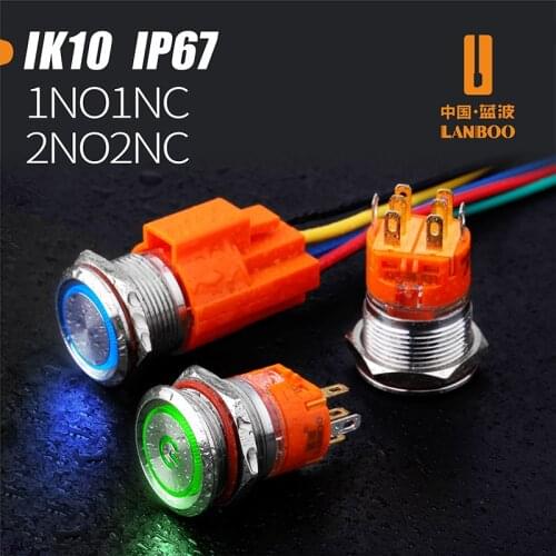 LANBOO flat head push button switch locked 19mm Latching or Momentary Push Button waterproof LED metal switch