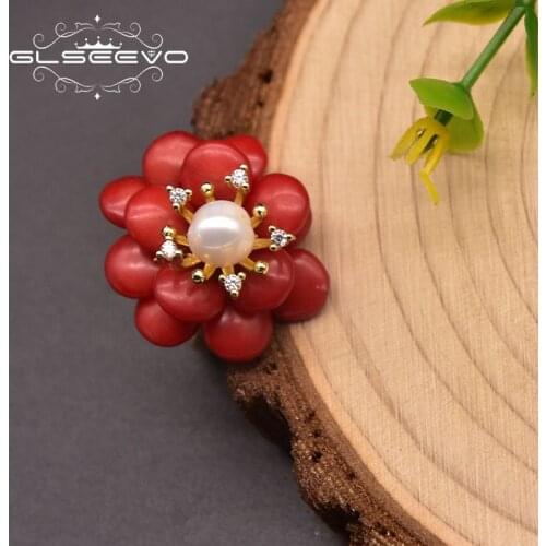 GLSEEVO Natural Coral Flower Ring Adjustable Ladies Party Birthday Gift Handmade S925 Sterling Silver Fashion Jewelry GR0280