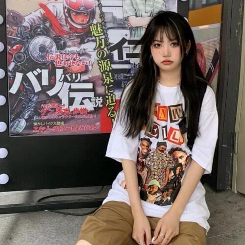 Summer Character Print Women T-shirts Top Fashion American Harajuku Vintage Style Loose Casual O Neck Female Black T-shirt