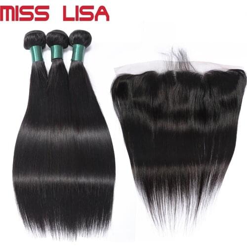 MISS LISA Straight Bundles With 13*4 Lace Frontal Non-remy Peruvian Human Hair Weave Bundles With Frontal Hair Extension