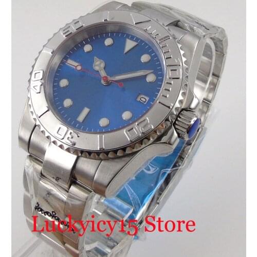 BLIGER Nologo Blue NH35A Self Winding Men Watch Red Second Hand Flat Sapphire Glass Middle Polished Strap Alloy Insert