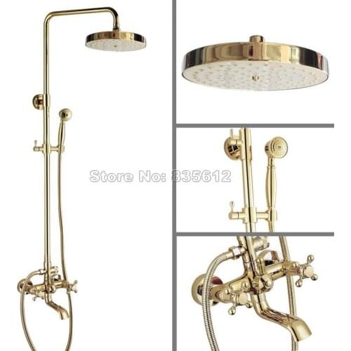 Rain Shower Faucet Set W/Bathroom Wall Mounted Dual Cross Handles Bathtub Gold Color Brass Mixer Tap with Handheld Shower Wgf385
