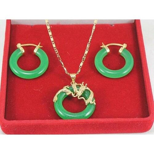 Natural green jade Pendant Necklace Earring Set