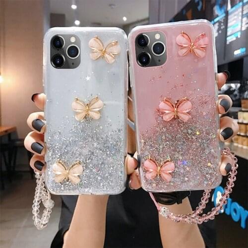 Luxury Cute Bling Glitter Case For iPhone 13 Pro 12 Mini 11 Pro XS Max SE XR X 8 7 Plus Lanyard Silicone Ultra-thin Strap Cover