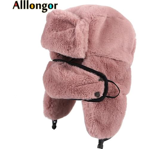 High Quality Ushanka 2020 Thermo Winter Faux Fur Hat Women Bomber Hats Warm Pink Ski Earflaps Mask Soviet Hat Russian Snow Cap