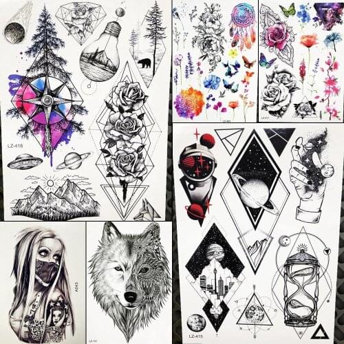 Blue Pine Tree Forest Temporary Tattoo Stickers Watercolor Flower Fake Tattoo Waterproof Rose Women Geometry Universe Tatoo Men