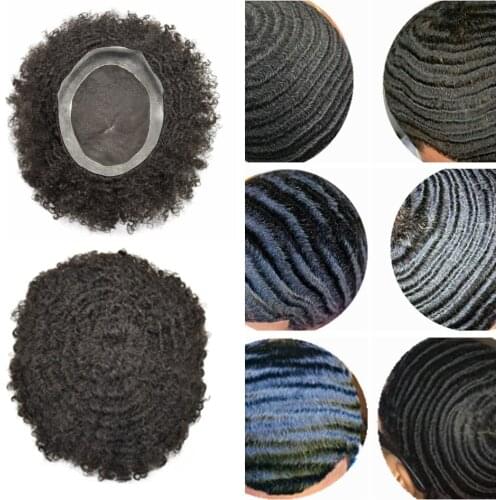 10mm Wavy Afro Black Men Toupee Kinky Curly Wig French Lace African America Human Hair System Thin Skin Around Afro Wavy