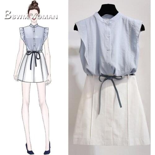 Cotton and Linen Women Sets Light Blue Blouse and White Skirt Female Sets