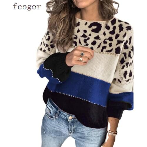 2021 Autumn Winter New Women Clothes Urban Commute Casual Loog Sleeve Contrast Color Splicing Sweater Loose O-Neck Base Sweater