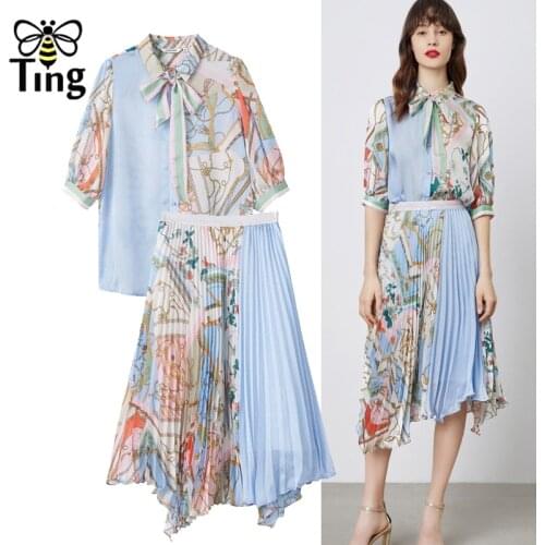 Tingfly Summer Vintage Elegant Women Skirts Sets Casual Button Up Blouse & Print Pleated Skirts 2 pcs Sets Office Work