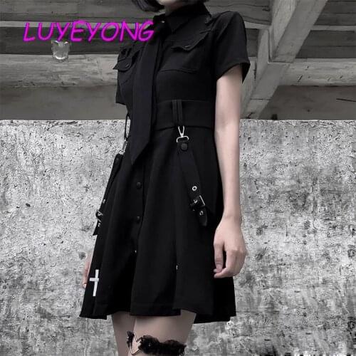 Lady Adjustable Buck Strap Cross Printed Punk Empire Cool Streetwear Mini Tie Shirt Dresses Dark Gothic Women Cargo Dress 2021