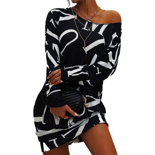 Womens Dresses Letter Print Pullover Off Shoulder Dress Long Sleeve Casual Elegant Casual Office Lady Sexy Party Mini Dress