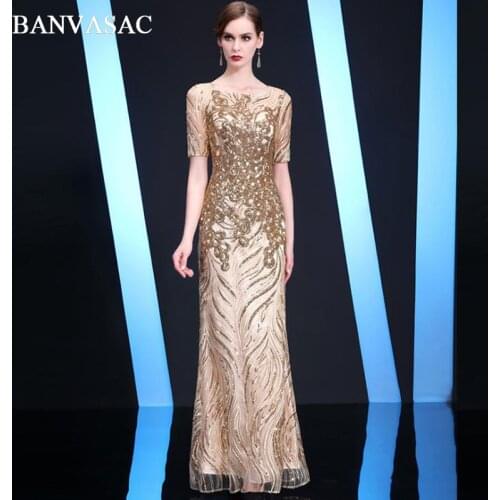 BANVASAC Elegant O Neck Lace Illusion Short Sleeve Long Evening Dresses Luxury Sequined Mermaid Party Prom Gowns