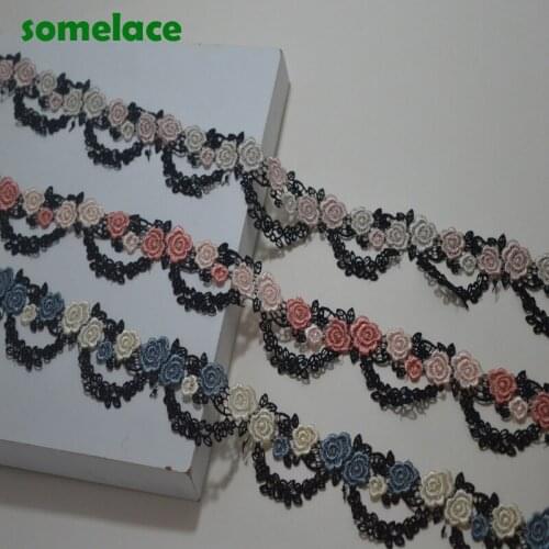 5Yds/Lot 4cm Width Color(black blue pink mixed)Wavy Floral Venise Trim with Design for Wedding Bridal and Garment Decoration