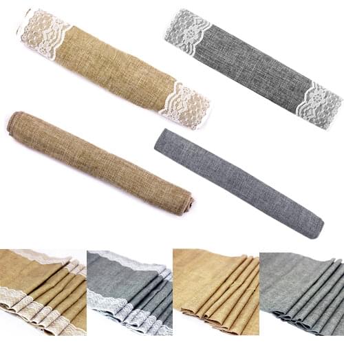 Rustic Burlap Lace Table Runner Natural Imitated Linen Tea Table Cover Table Runners for Wedding Decor Christmas Birthday Party