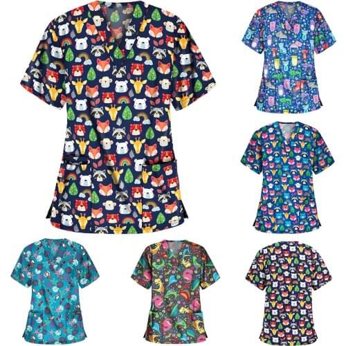 Women Exude Sweat Nurse Nursing Overalls Short Sleeve V-neck Tops Working Uniform Cartoon Print Blouse медицинский костюм q5