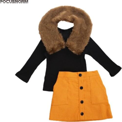 FOCUSNORM 2-7Y Autumn Fashion Girls Clothes Sets Long Sleeve Pullover Knit Sweater Tops+Button A-Line Skirts+Fur Collar