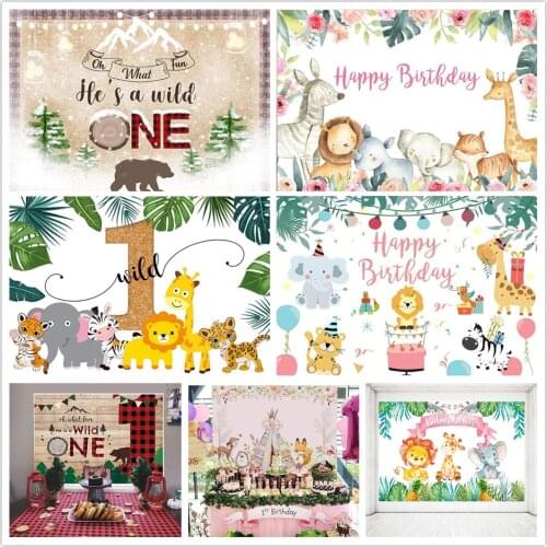 Happy Birthday Backdrop Cartoon Forest Animals Lion Giraffe Bear Background Party Decor Photography Props Hes a Wild One
