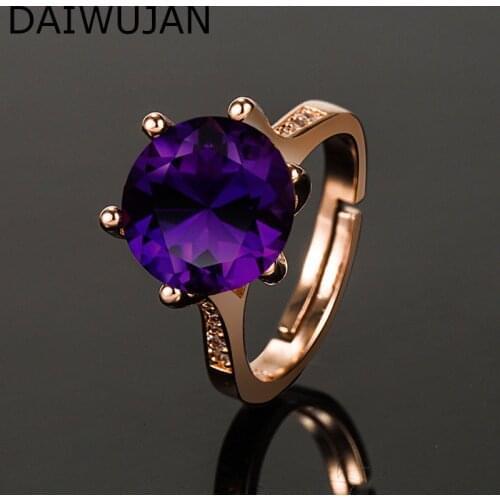 DAIWUJAN Classic 925 Sterling Silver Six Prong Crystal Rings Adjustable Round Amethyst Open Ring For Women Party Wedding Jewelry