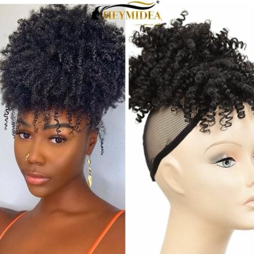 Short Curly Chignon With Bangs Synthetic Hair Extensions Afro Puff Drawstring Ponytail Bug Ombre Color For Women