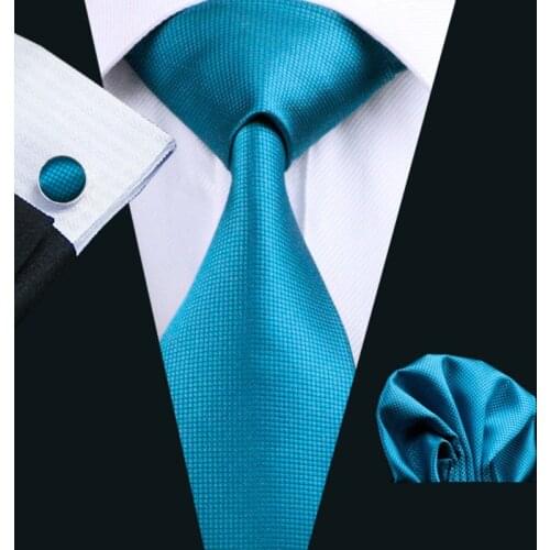 2016 Hot Wedding Tie Hanky Cufflinks Set Blue Solid Pattern Handmade Silk Ties for Mens Business Party Necktie LS-221