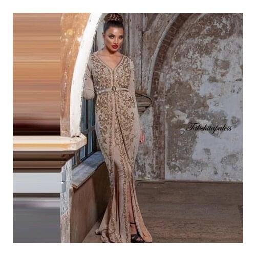 Moroccan Kaftan Caftan Muslim Evening Dresses Mermaid V-neck Long Sleeves Chiffon Beading Dubai Arabic Turkey Abaya Islamic Gown