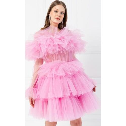 Sweet Pink Tulle Dresses Women Sexy Strapless Mini Short Dress Tiered Ruffle Girls Party Cocktail Formal Gowns
