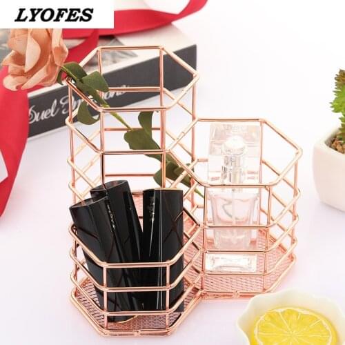 Desk Makeup Brush Organizer Holder Stand Pencil Marker Pen Holder Rose Gold Hexagon Iron Hollow Stationery Storage Container