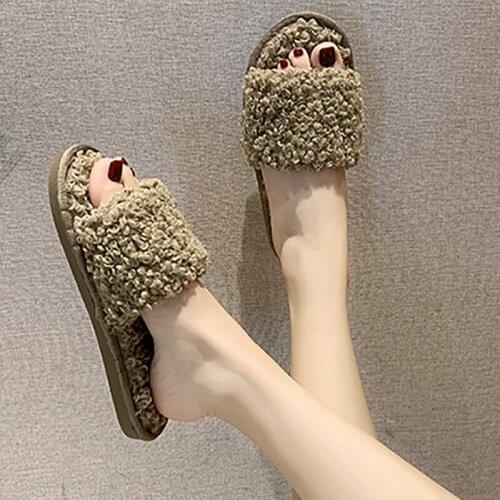 2021 New Womens Winter Shoes Fashion Home Soft Slippers for Women Faux Fur Warm Shoes Woman Beige Basic Fur Women Flat