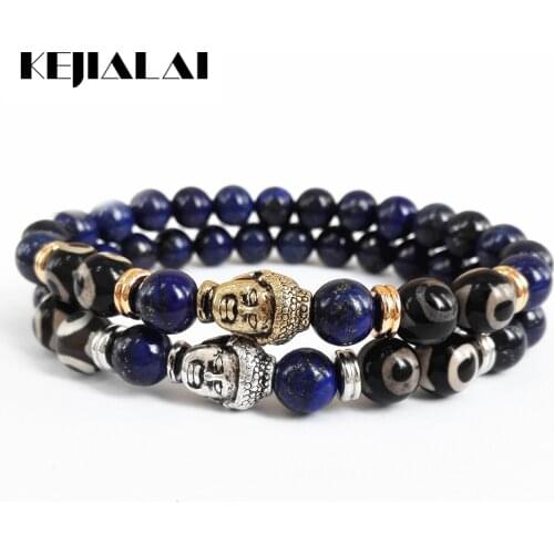 Top Quality Mens Beads Buddha Bracelet 8mm Lapis Lazuli Stone Beads Antique Two Color Buddha Head Yoga Mala Bracelets