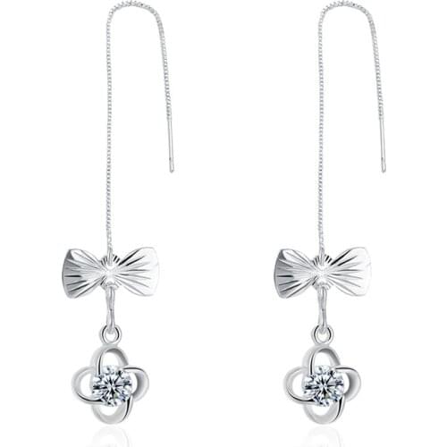 Silver Flower Drop Pendant Jewelry Cubic Zircon Long Chains Earrings For Women Bow Tie Design Wedding Earrings For Lady