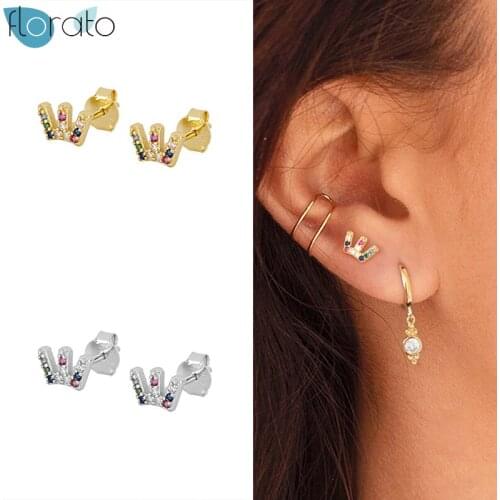 925 Silver Ear Needle Rainbow Earrings for Women Exquisite Colorful Crystal Crown Stud Earrings Tiny CZ Earrings Fashion Jewelry