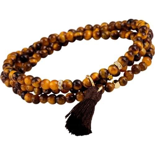 SUNYIK Tigers Eye Stone 4mm Beads Layers Bracelet Tibetan Buddhist Wristband with Tassel