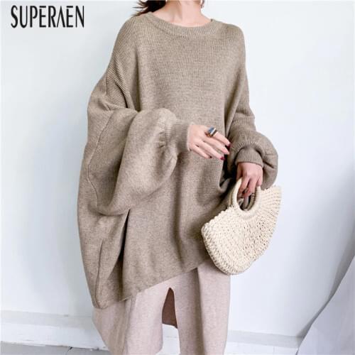 SuperAen Fashion Pullovers Sweater Women Autumn and Winter Bat Sleeve 2020 New Big Size Ladies Solid Color Tops Casual Clothes