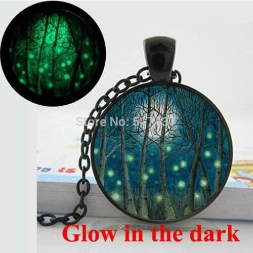 Glow in the Dark Pendant Magical fireflies in birch forest with Moon Necklace glass photo pendant necklace Glowing jewelry