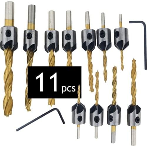 Titanium plated 11pcs Useful HSS Flute Countersink Drill Bit Set Drill Press Set Chamfer Reamer Woodworking Power Tools