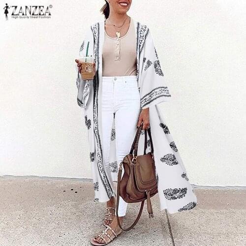 Womens Printed Blouses ZANZEA 2021 Elegant Summer Kimono Cape Casual Long Sleeve Cover Up Female Floral Tunic Cardigan Tops