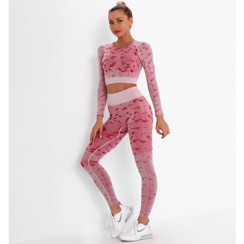 Seamless knitted sexy beauty back jacquard top long sleeve yoga suit sports running fitness pants women