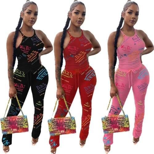 Echoine 2021 Women Summer Sexy Letter Print Sleeveless vest Fitness trousers Casual Tracksuit 2 Two Piece Set Lady Outfits Sets