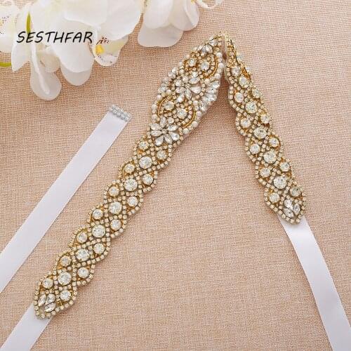 SESTHFAR Bridal Belt Gold Diamond belt Rhinestones Belt Hand Beaded Crystal Belt For Wedding Dresses