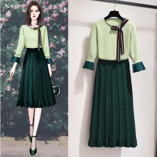2020 Spring new women French retro Jacket + skirt knitting suits long 2 pieces set Europe Autumn long sleeve Elegant Clothing