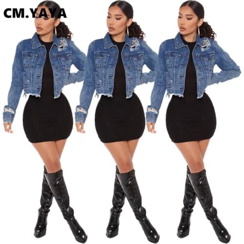 CM.YAYA Aumutn Casual Women Denim Coat hole Full Sleeve coats fringe jacket denim jacket women