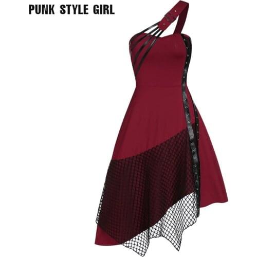 One Shoulder Sexy Gothic Retro Vintage Women Dress Hollow Out Patchwork Irregular Hem Mesh Lace Up Party Streetwear Punk Jurken