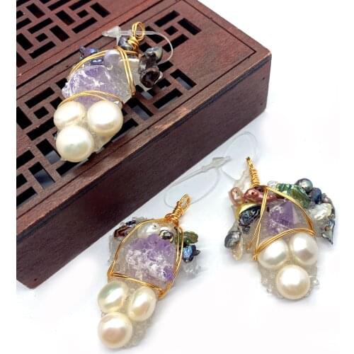 1pc Freshwater Pearl Pendant Grape Shape Paste Amethyst Hand-wound Copper Wire Crafts Decoration Handmade Necklace Pendant