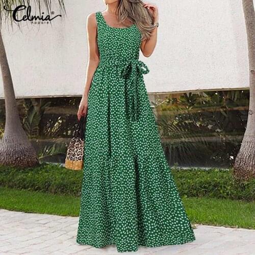 2021 Summer Bohemian Long Dress Celmia Women Sexy Sleeveless Pleated Vestidos Floral Print Belted Party Maxi Dress