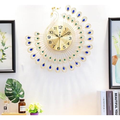 53x53cm Large 3D Gold Diamond peacock Wall Clock Metal Watch for Home Living Room Decoration Wall Clock DIY Clocks Ornaments