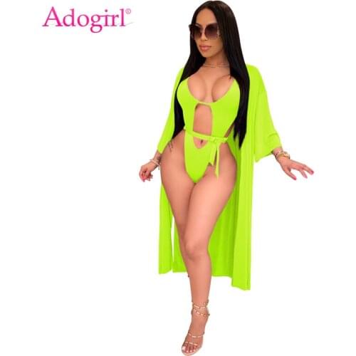 Adogirl Women Solid Summer Beach Two Piece Set Hollow Out Bodysuit Swimwear Loose Cardigan Cover Swimming Suit Women Outfits