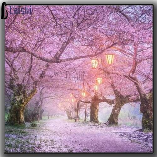 Diamond Painting Cherry Blossom Trail Full Drill Mosaic Diamond Painting Cross Stitch Home Decor romantic Pink Tree Scenery
