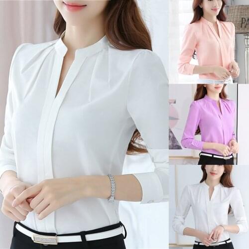 Fashion Womens Solid White Shirts Ladies Elegant V-neck Tops Office Lady Workwear Spring Summer Long Sleeve Chiffon Blouse